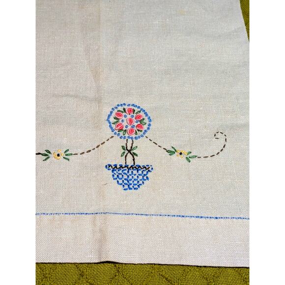 Vtg 1940s Irish Linen Guest Hand Towel Embroidered French Knot Floral Topiary - Picture 3 of 8